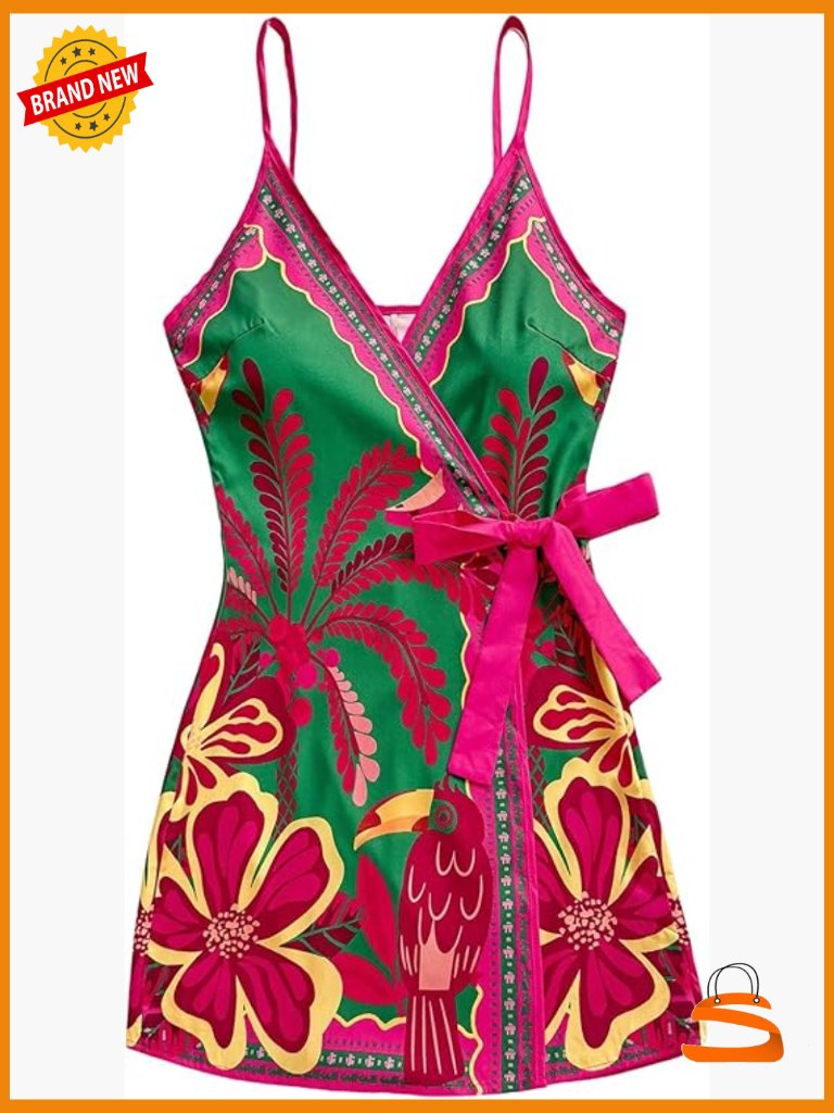 Tropical Print Wrap Mini Dress Wraps With Tie Waist V-Neck Spaghetti Strap